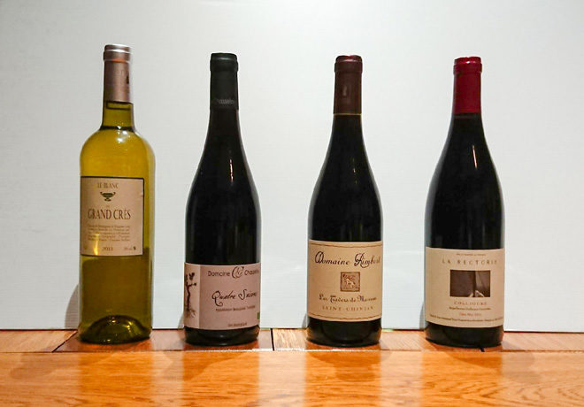 Sélection de vins : vin de pays d'Oc, Beaujolais, Collioure, Saint Chinian