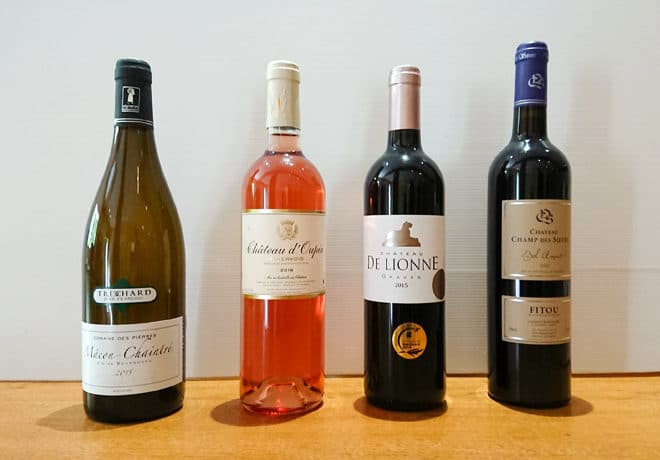 Sélection de vins : minervois rosé, fitou, graves, mâcon chaintre